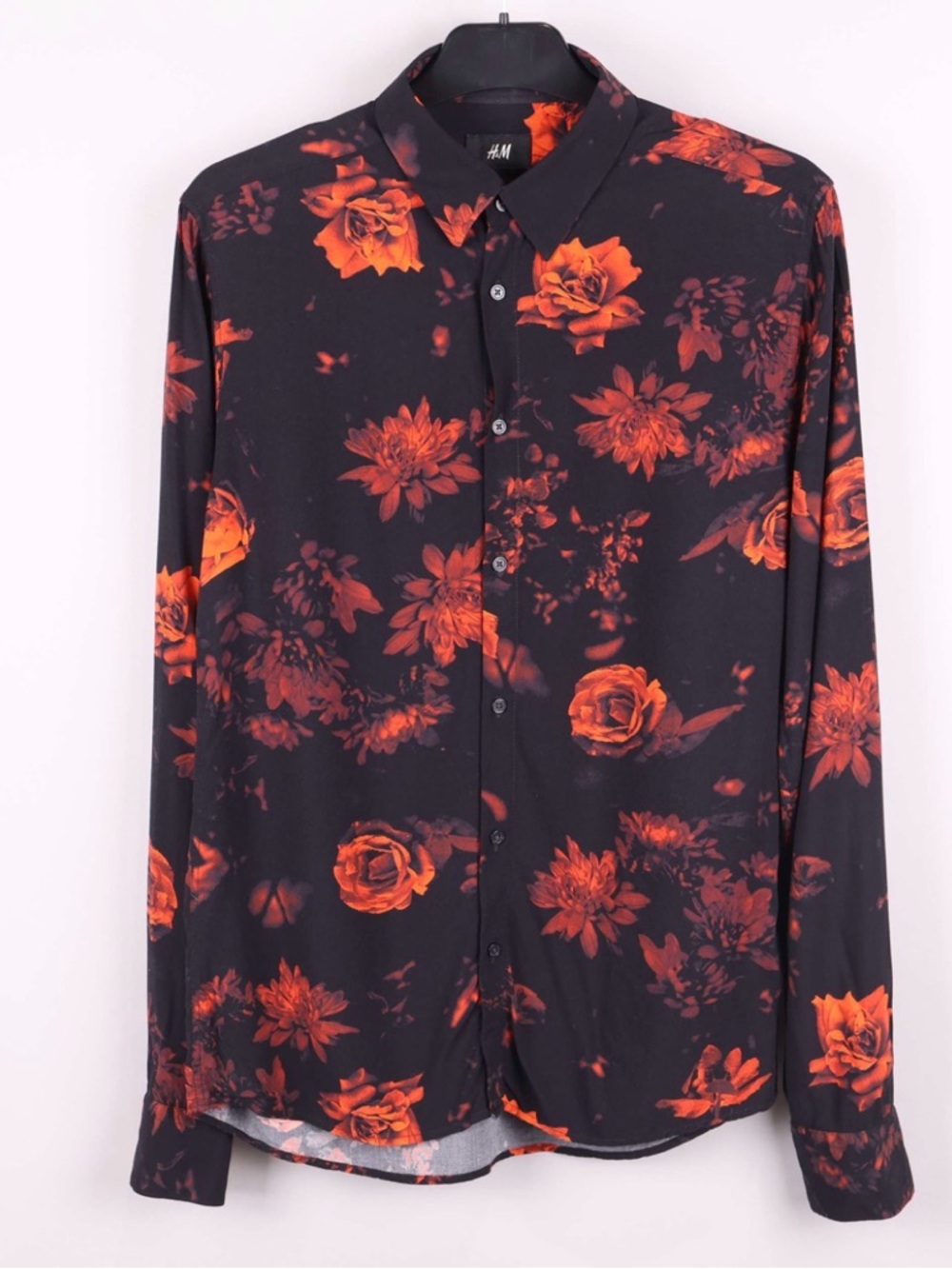 H&M Men's Black Button-Down Shirt with Orange Floral Pattern